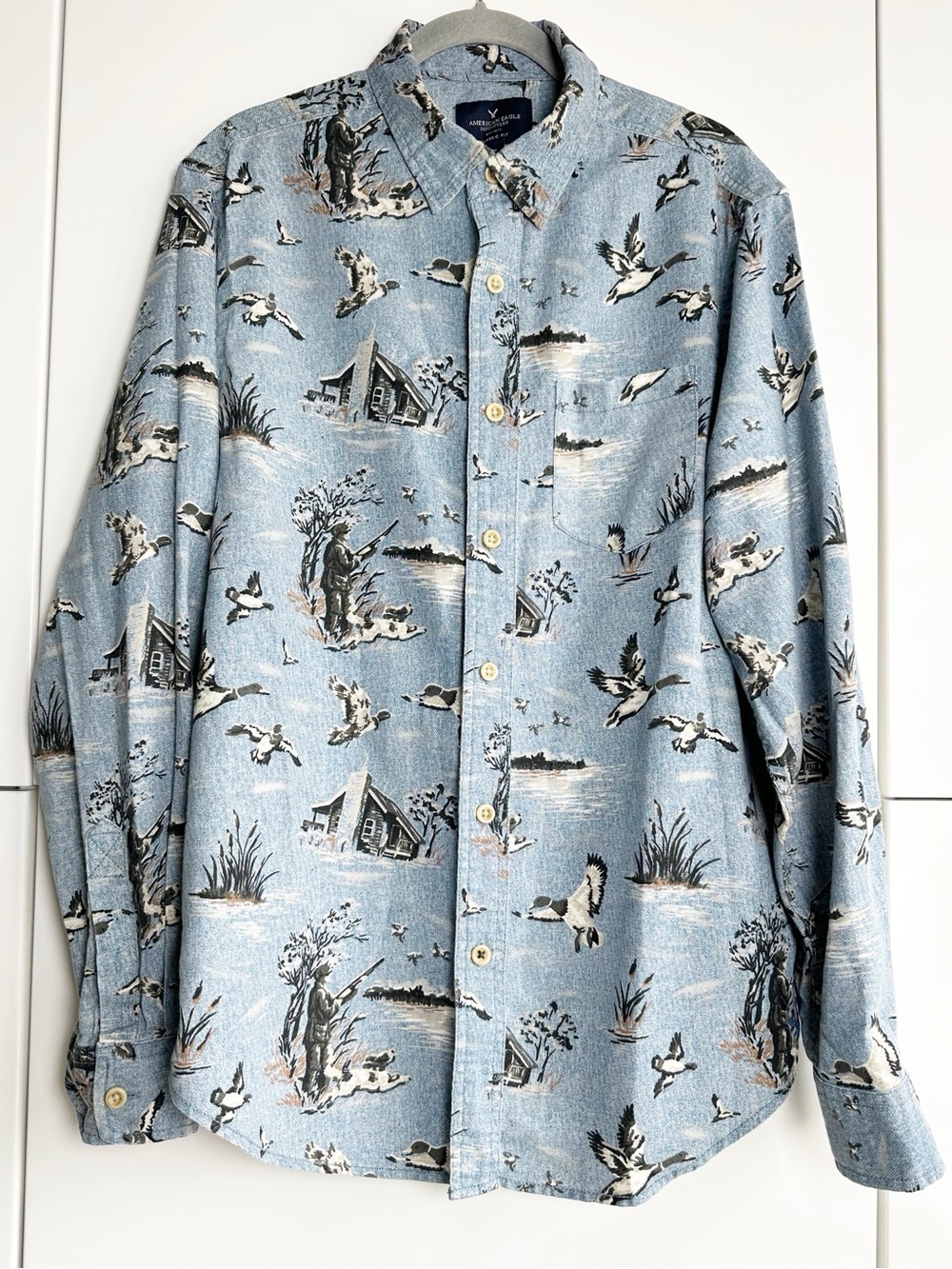 American Eagle Duck Hunting Long Sleeve Button Up Shirt 100% Cotton Size M